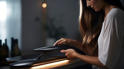 A photo of a hairstylist using a flat iron