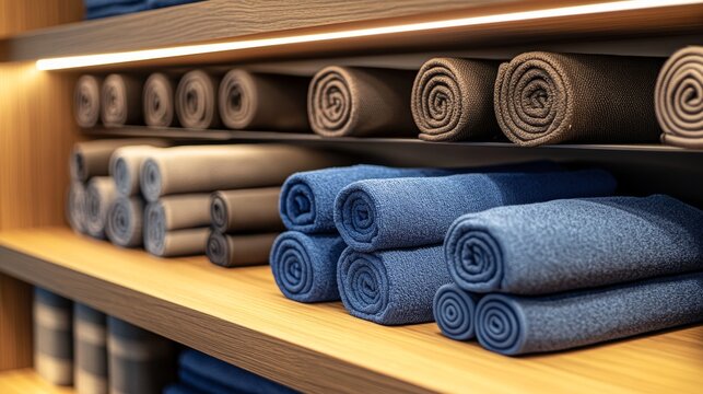 Closet organization for special interests featuring neatly rolled towels and gym accessories for fitness enthusiasts