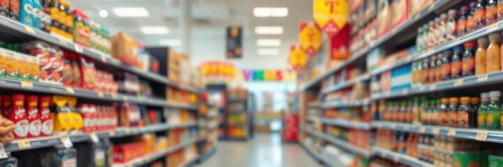 Fototapeta premium Grocery aisle filled with various food and beverage products during a busy shopping day