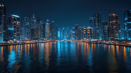 Night cityscape, modern skyscrapers reflected in calm water.