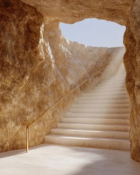Spiritual journey through ancient staircase desert cave architecture mystical atmosphere low angle gnostic insights