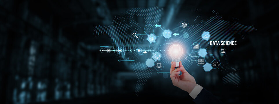 .Data Science: Machine learning, big data, predictive analytics, data visualization, AI integration, decision-making. Businessman hand holding creative light bulb with innovative technology.