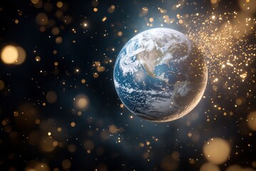 Fototapeta premium Earth and moon glowing in radiant blue and silver outer space digital art cosmic environment wide angle view celestial concept