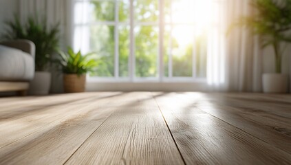 Sunlit room with wooden floor and plants, creating a serene atmosphere.