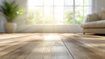 A sunlit living room with wooden floors and a potted plant.