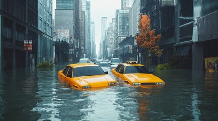 Flooded cityscape urban area photography overcast environment aerial view climate change impact