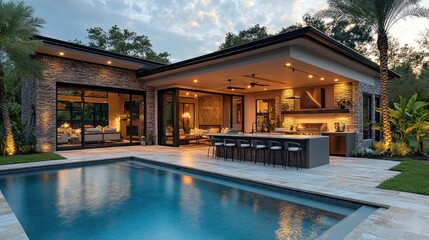 Modern luxury home's backyard oasis features a sleek pool, outdoor kitchen, and expansive patio at dusk.