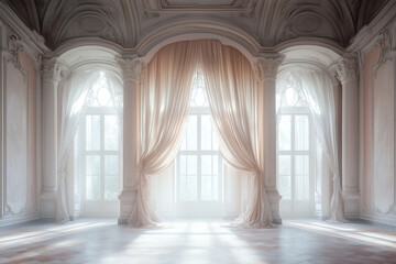 Architectural Photography of an Elegant Baroque Room with Flowing Drapes, Columns, Misty Atmosphere, and a Soft Red, Blue, Pink Color Palette


