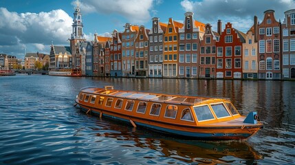 Orange canal boat cruising past colorful historic buildings in Amsterdam.