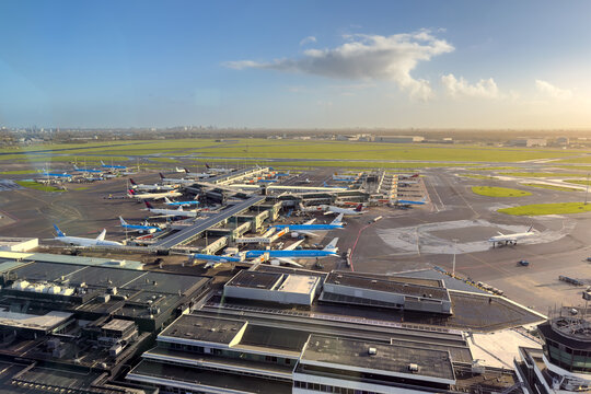 Air Traffic control tower view of Schiphol airport, Amsterdam with KLM aircraft at gate