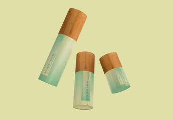 3d 3-Sizes Cosmetic Bottles with Wooden Lid Mockup