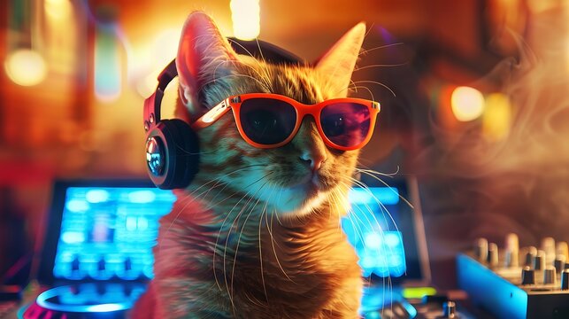 Chic golden cat with earplugs and shades playing music like a dj rockey