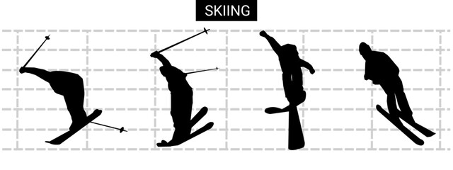 Set of silhouettes of various poses of people skiing. Vector illustration.