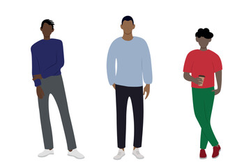 Young modern african american guys posing, faceless illustration, flat style, isolate on white