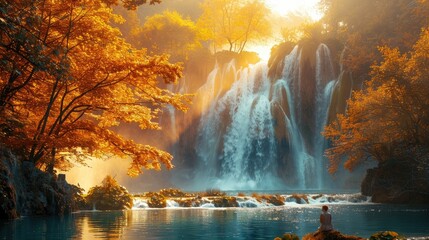 Person meditating by serene autumn waterfall.