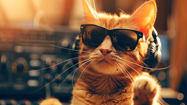 Chic golden cat with earplugs and shades playing music like a dj rockey