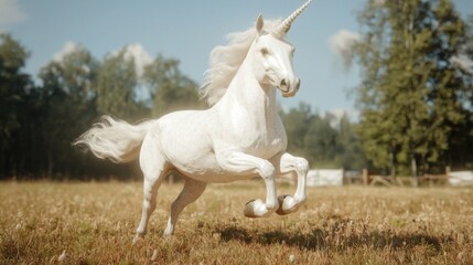 Obraz premium Majestic unicorns gallop through serene fields nature scene enchanting fantasy landscape ethereal viewpoint