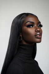 African American Model Black Model Wearing Straight Brazilian Wig Earrings and Lash Extensions Studio Shot Straight Hair Bundles Straight Hair Extensions