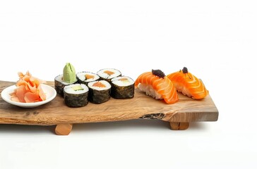 Sushi set with rolls and chopsticks on a white background, isolated stock photo. Sashimi and sushi rolls with salmon and avocado. Japanese food concept