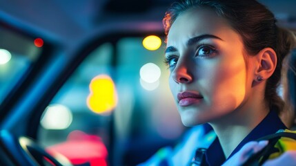 Woman driving at night in urban setting emotional portrait close-up view capturing determination and focus