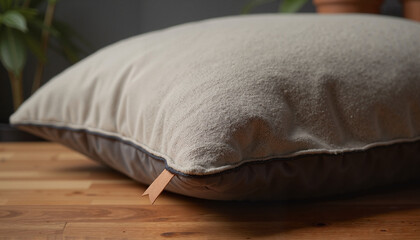 Pillow mockup with tag on wooden surface in cozy interior for home decor concept