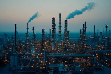 Obraz premium Industrial landscape at twilight with towering smokestacks and glowing lights. Generative AI