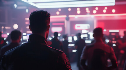 Esports Gamers Competing in Neon Lit Tournament Crowd