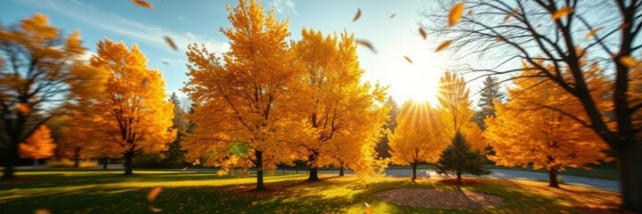 Fototapeta premium Vibrant autumn trees create a stunning landscape as golden leaves fall in a serene park during sunset