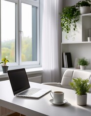A stylish, tidy office with Scandinavian design: a simple white desk featuring a laptop, a cup of coffee, and a small green plant. large windows let in natural light. Perfect for business
