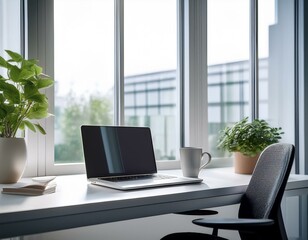 A stylish, tidy office with Scandinavian design: a simple white desk featuring a laptop, a cup of coffee, and a small green plant. large windows let in natural light. Perfect for business