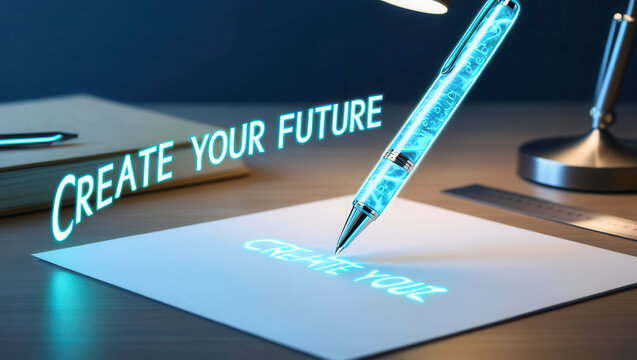 Inspiring action to create future success modern office digital art bright environment close-up viewpoint motivation