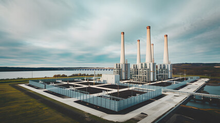 Obraz premium A modern power plant with multiple chimneys and industrial buildings, surrounded by greenery and roads, under a sky.