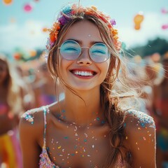 Joven feliz y alegre junto a muchos amigos de fiesta. Mucho color y buena energía.