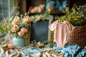 A soft pink baby onesie displayed with flowers, a chalkboard, and decorative elements.