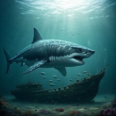 Fototapeta premium A Megalodon swimming near the remains of a sunken ship, emphasizing its colossal scale