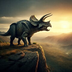 Fototapeta premium A Triceratops roaring from a rocky cliff, overlooking a vast prehistoric valley