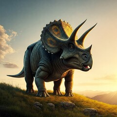 Fototapeta premium A proud Triceratops standing on a hill, bathed in golden sunlight with distant mountains in view