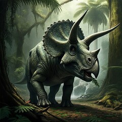 Fototapeta premium A realistic close-up of a Triceratops grazing on vegetation in a prehistoric jungle