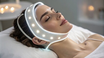 A glowing LED face mask secured around a models face with bright lights casting reflections onto her smooth skin as she relaxes.