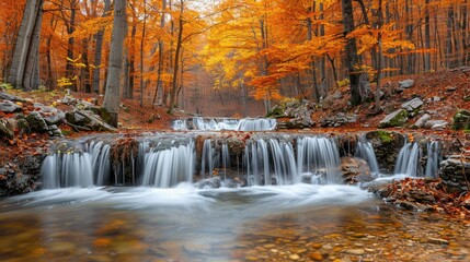 Serene autumn waterfall cascading through vibrant foliage in a forest.