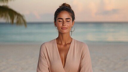 Meditating woman in lotus position on Maldives beach at sunrise with pastel sky and gentle waves