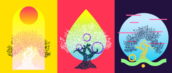 Pop art abstract fashion background composition with tree and minimal geometric elements in modern colorful style. Creative design for cover banner, poster. Vector vivid illustration.