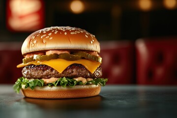 Delicious towering burger showcasing fresh ingredients in classic diner setting capturing fast food nostalgia and Americana