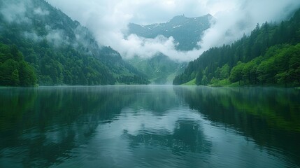 Naklejka premium Serene mountain lake reflecting misty peaks and lush forests.