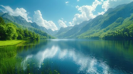 Serene mountain lake reflecting blue sky and clouds; lush green shores.