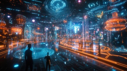 Futuristic digital cityscape virtual reality realm concept art vibrant environment wide angle innovation showcase