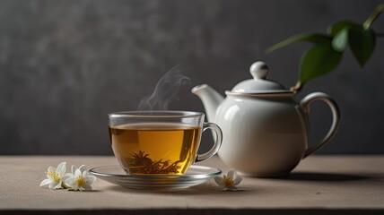 Fragrant cup of jasmine tea cut out on an isolated simple minimalist background