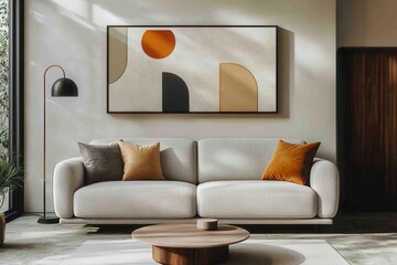 Abstract living room with a plush sofa and modern wall art