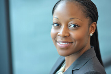 Professional woman smiling in a corporate setting