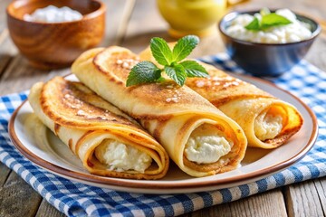A plate of golden, rolled cheese-filled blini served on a rustic table, garnished with fresh min